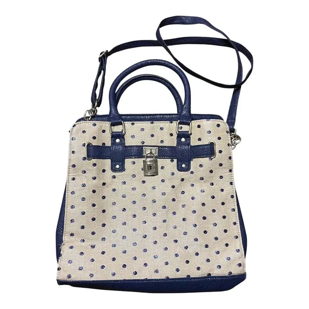 Unbranded Navy Blue and Cream Polka Dot Satchel with Faux Leather Trim and Padlo